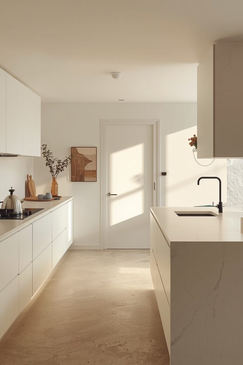 Modern minimalist white kitchen with marble island, black faucet, and warm natural light streaming through a door