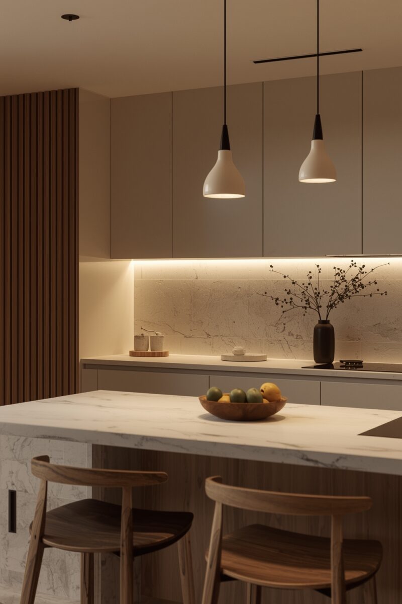 Modern minimalist kitchen with marble island, pendant lights, warm under-cabinet lighting, and wooden bar stools