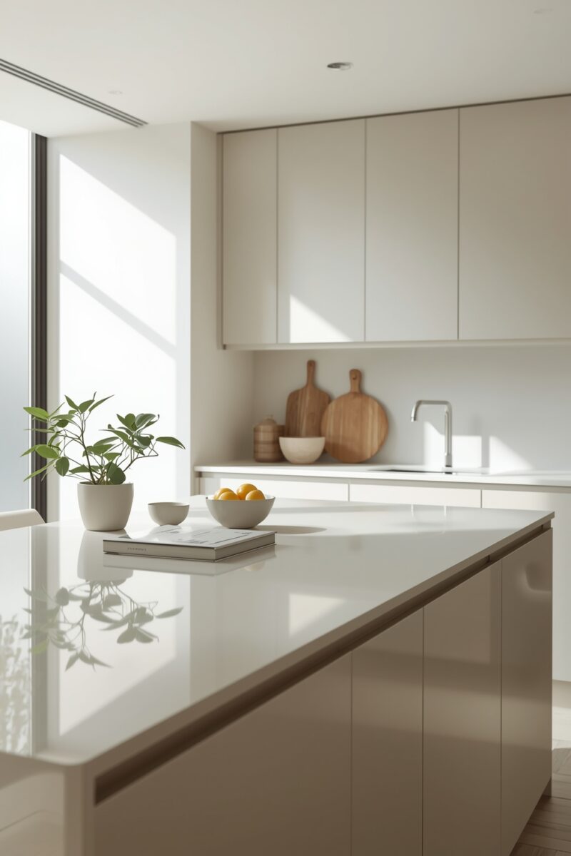 Modern minimalist white kitchen with island, wooden cutting boards, potted plant, and bowl of lemons in natural light