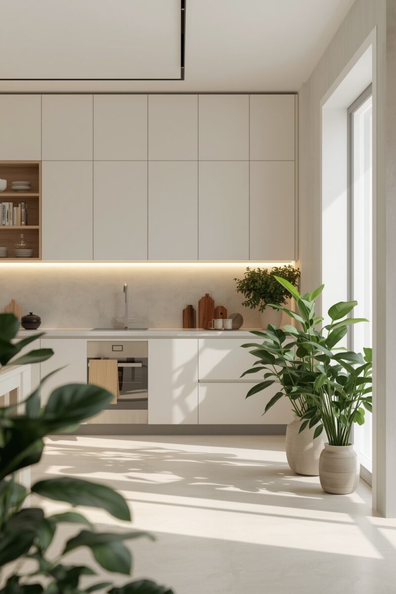 Modern minimalist white kitchen with floor-to-ceiling cabinets, under-cabinet lighting, and green indoor plants by large window