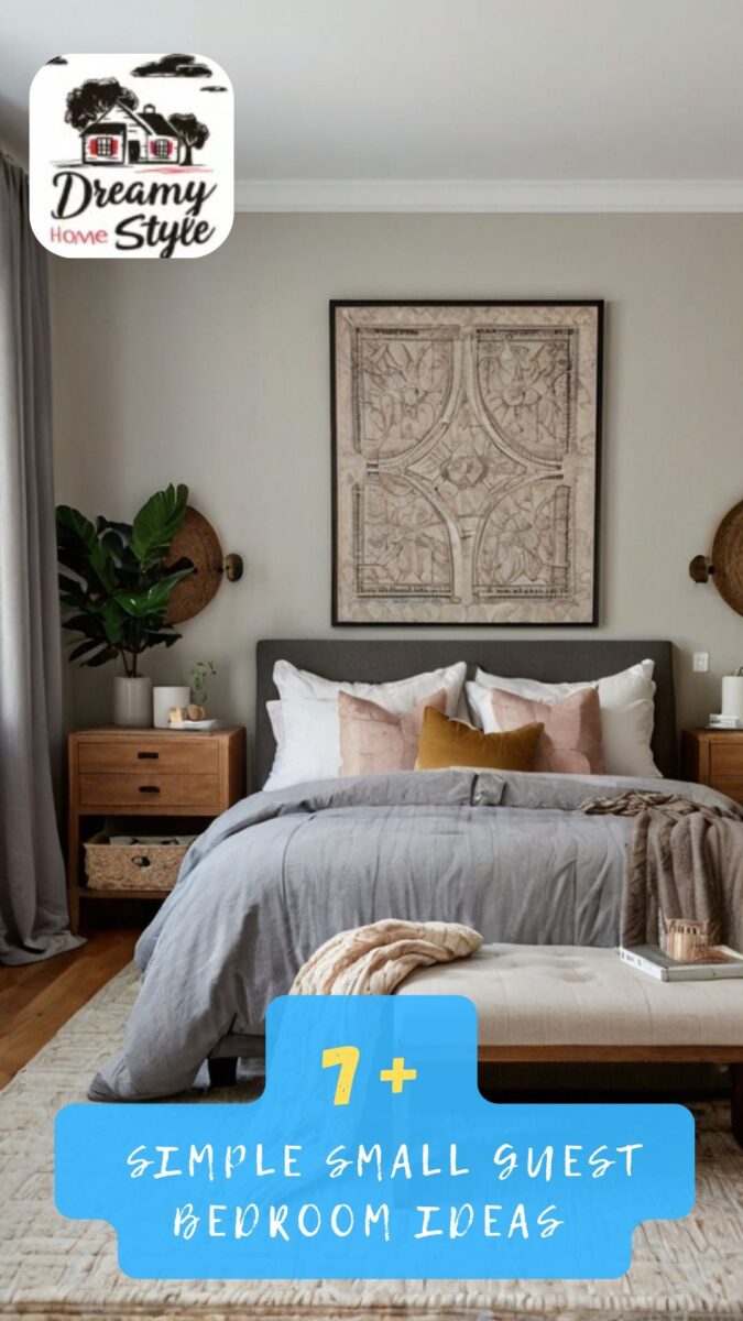 Small guest bedroom with gray bedding, pink accent pillows, wooden nightstands, and large framed wall art above upholstered headboard