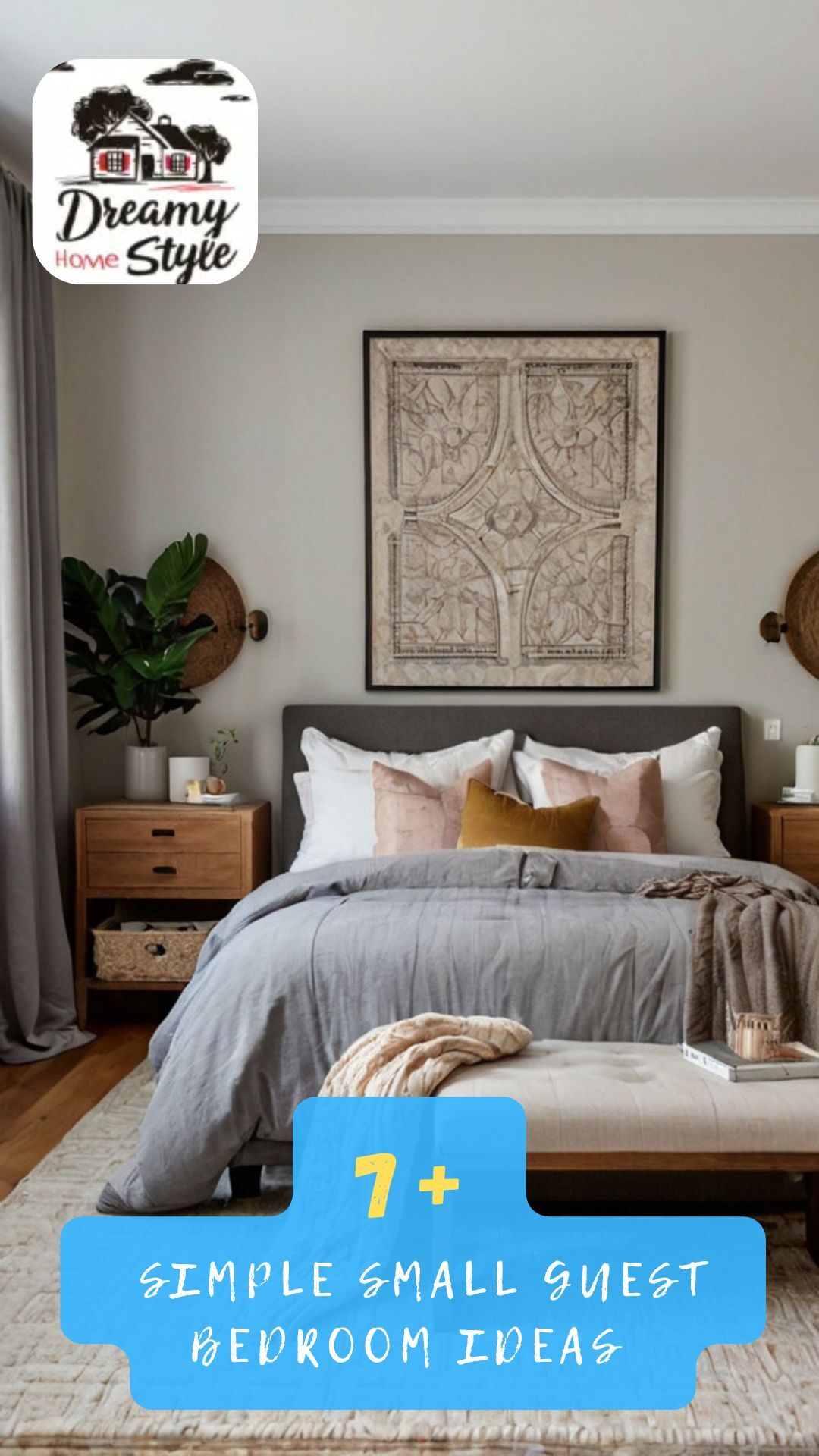 Small guest bedroom with gray bedding, pink accent pillows, wooden nightstands, and large framed wall art above upholstered headboard