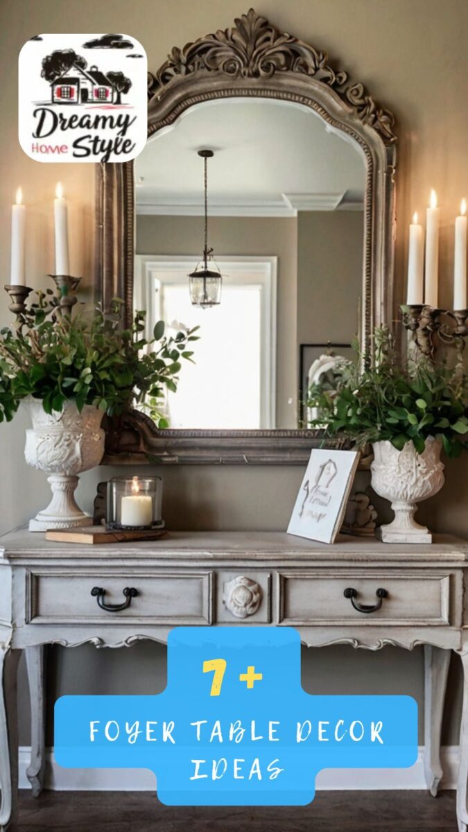 French country foyer table with ornate mirror, candelabras, white urns with greenery, and candle centerpiece