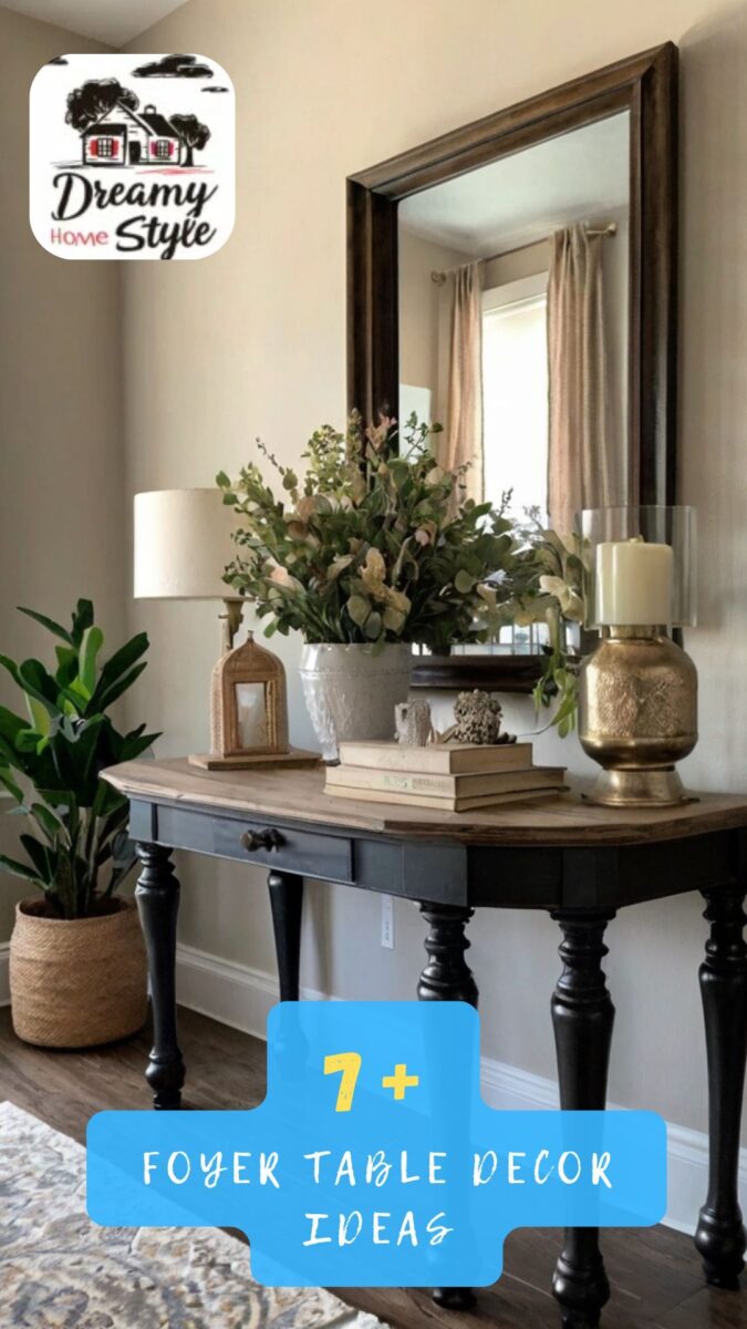 Black console table with wood top styled with greenery arrangement, gold candle holder, lamp, and books in foyer