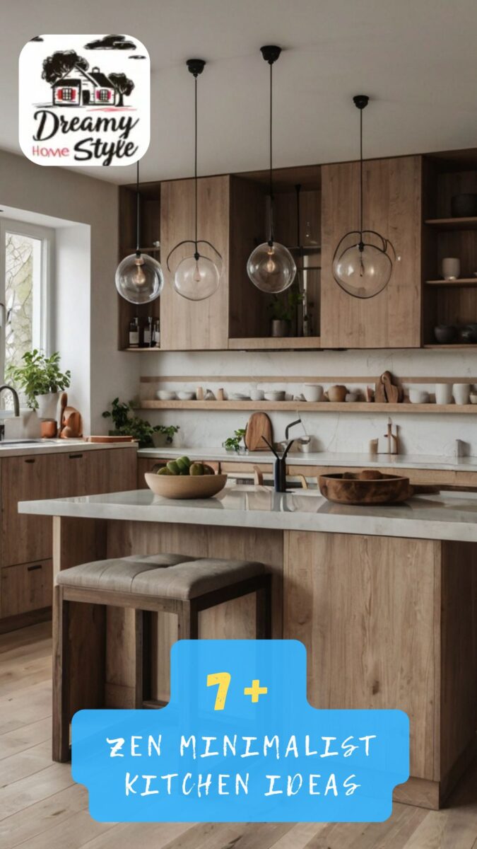 Zen minimalist kitchen with warm wood cabinets, glass globe pendant lights, marble island, and open shelving