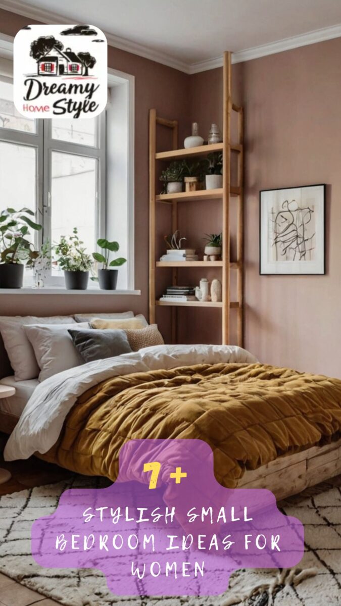 Small bedroom with pink walls, mustard velvet comforter, wooden ladder shelf, and potted plants on windowsill