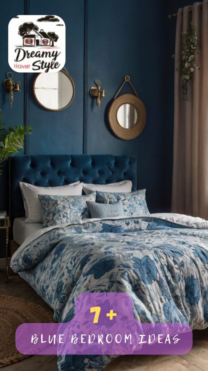 Elegant blue bedroom with tufted velvet headboard, floral blue-white bedding, navy walls, and decorative round mirrors