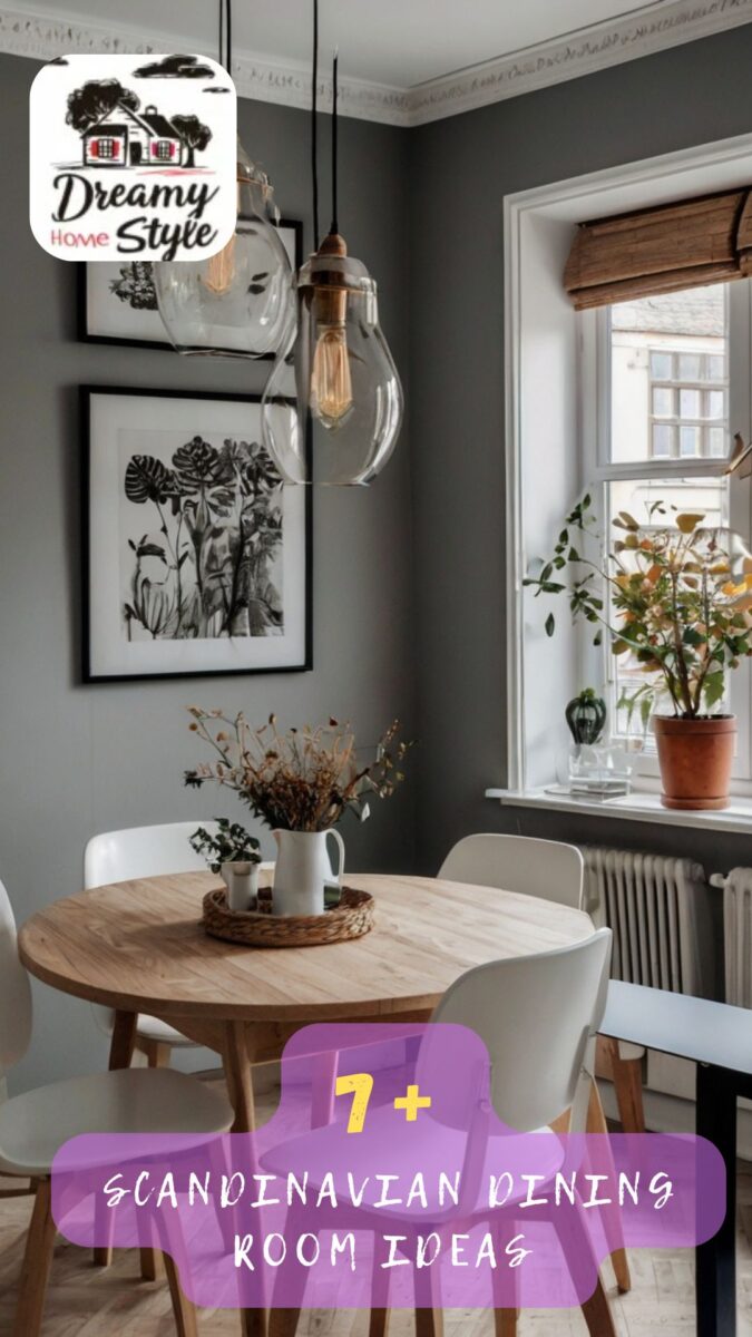 Scandinavian dining room with round wood table, white chairs, glass pendant lights, and grey walls