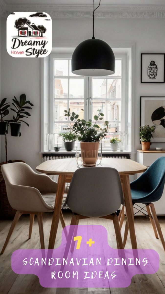 Scandinavian dining room with round wood table, mixed chairs in beige, gray, teal, black pendant light, and plants