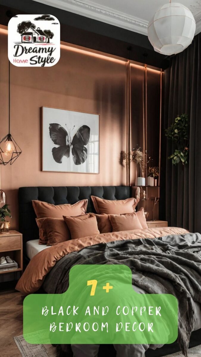 Luxurious black and copper bedroom with tufted headboard, rust-colored pillows, charcoal throw, and butterfly wall art