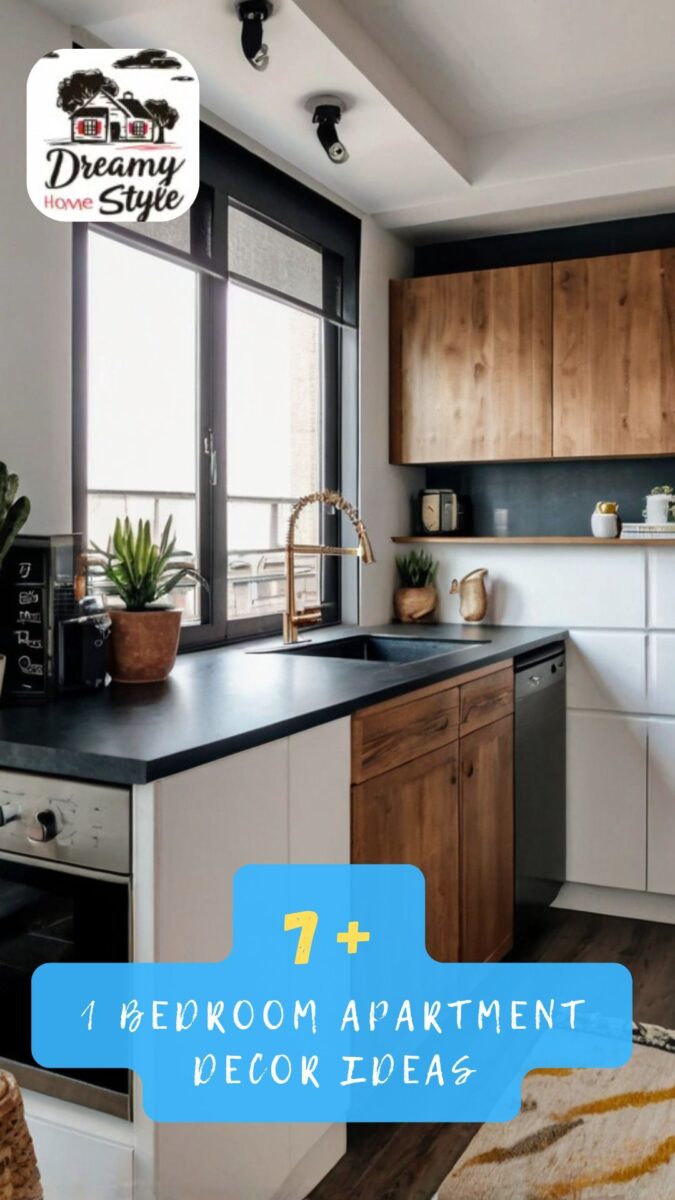 Modern 1-bedroom apartment kitchen with wood cabinets, dark countertops, brass faucet, and large black-framed window