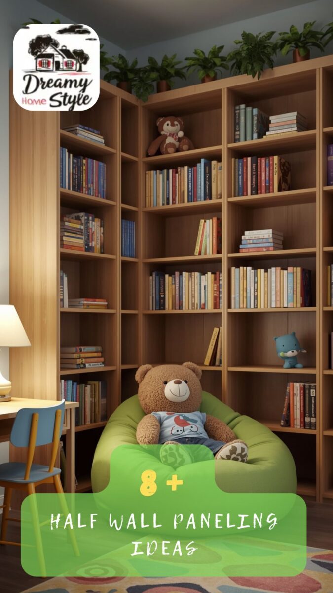 Children's reading nook with floor-to-ceiling wooden bookshelves, green bean bag chair, and large teddy bear
