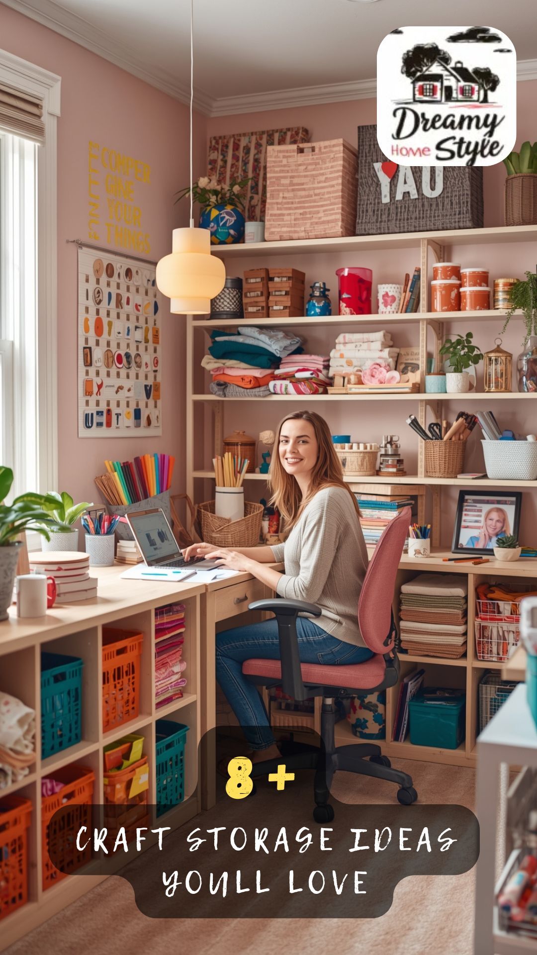 Woman working at organized craft room desk with colorful storage bins, shelves filled with supplies and craft materials
