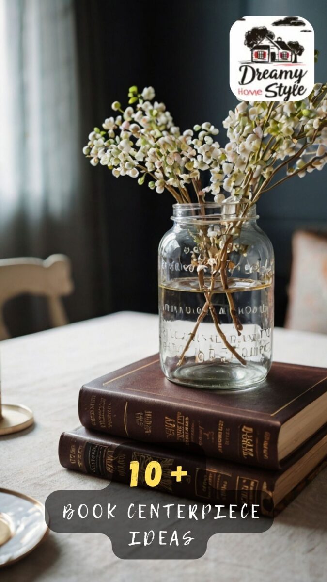 Two stacked dark leather books topped with a mason jar vase holding delicate white flowering branches on a dining table