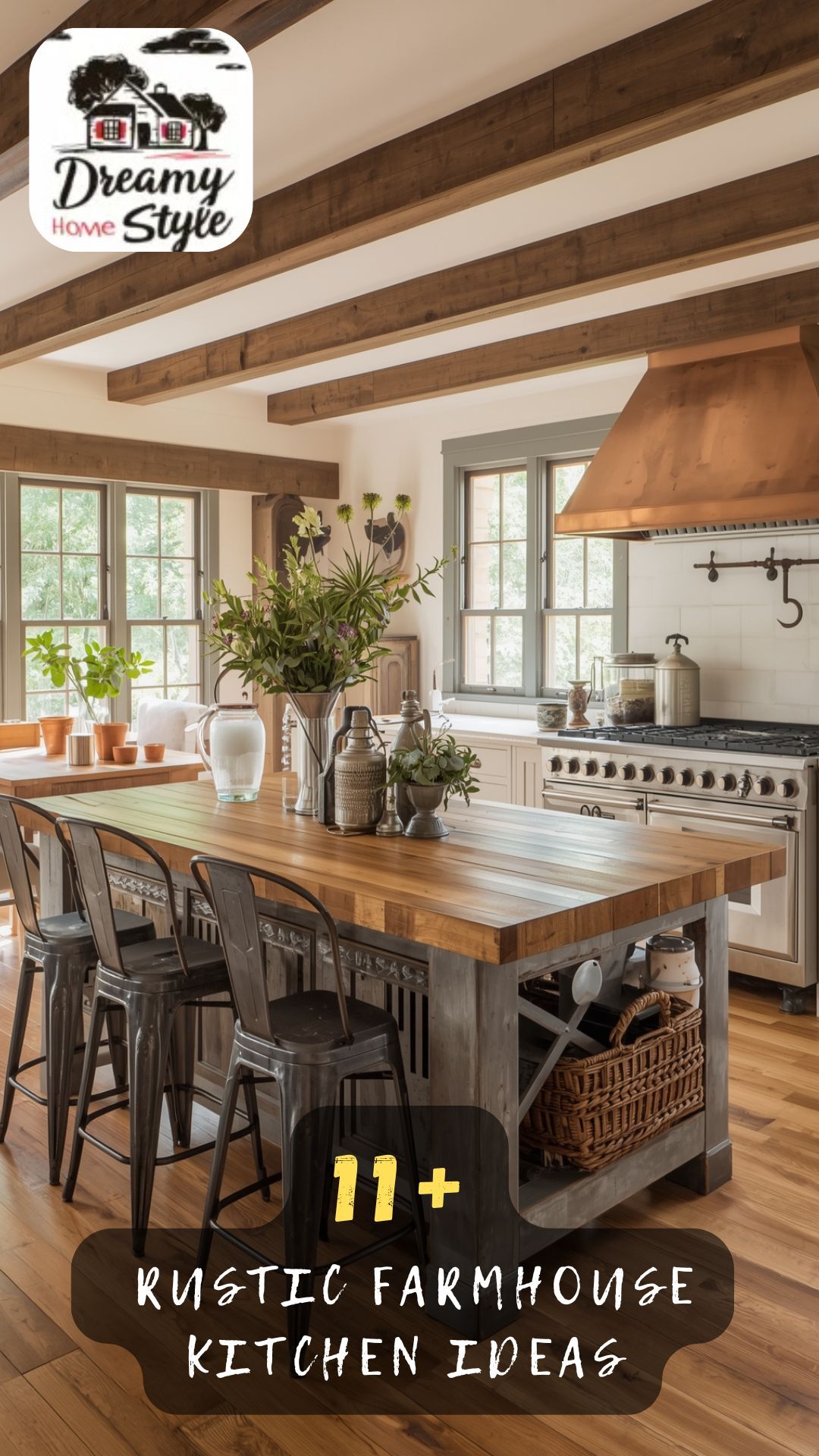 Rustic farmhouse kitchen with exposed wood ceiling beams, butcher block island, copper range hood, and metal bar stools