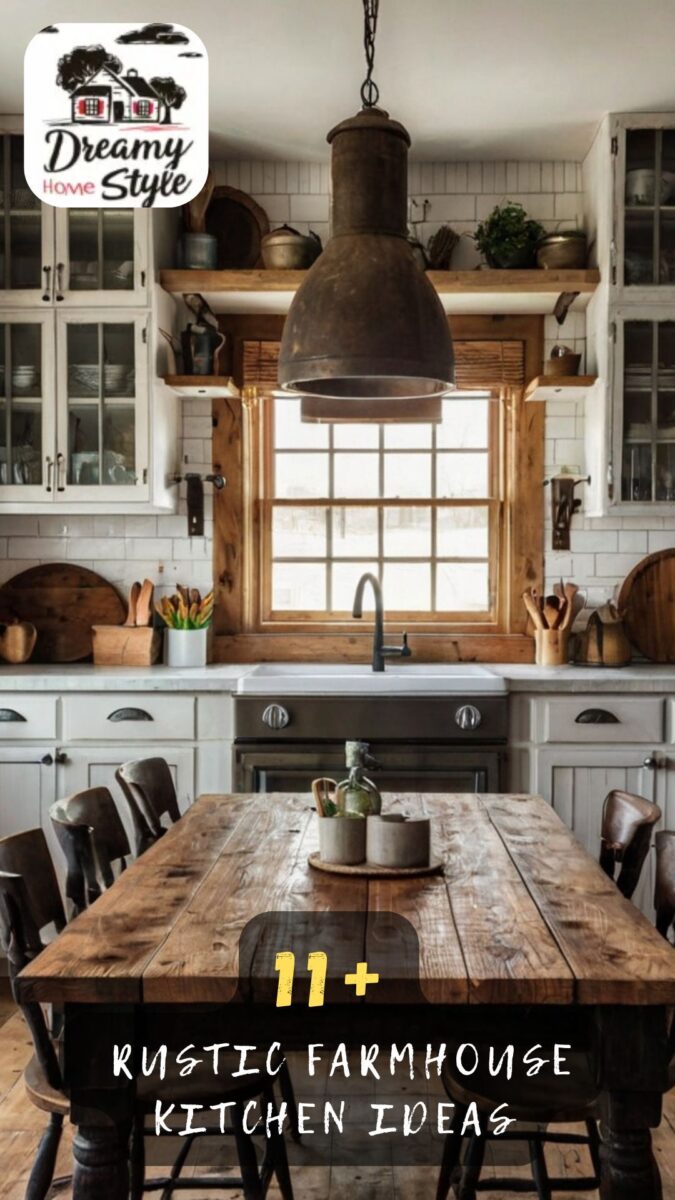 Rustic farmhouse kitchen with reclaimed wood table, farmhouse sink, open shelves, and vintage industrial pendant light