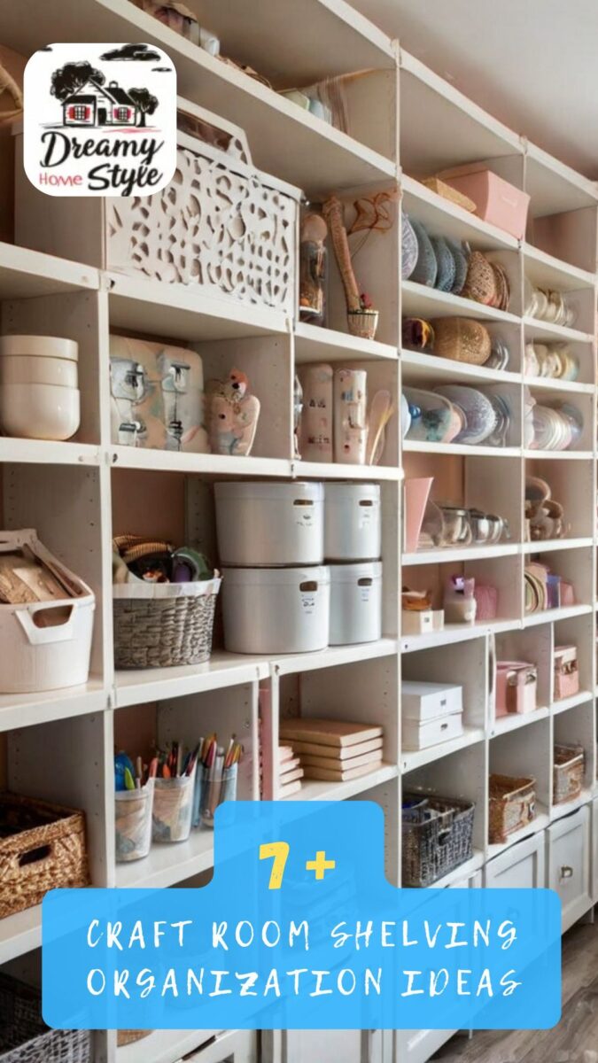 Floor-to-ceiling white craft room shelving organized with baskets, containers, dishes, and craft supplies