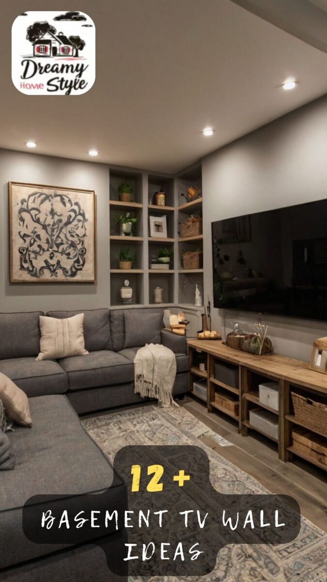 Cozy basement TV wall with built-in shelves, large wall-mounted TV, gray sectional sofa, and rustic wood console