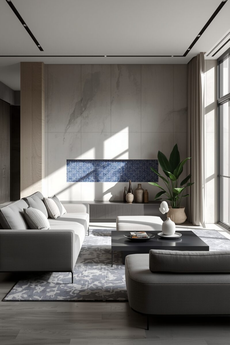 Modern minimalist living room with light gray sectional sofa, dark coffee table, marble accent wall, and blue mosaic fireplace