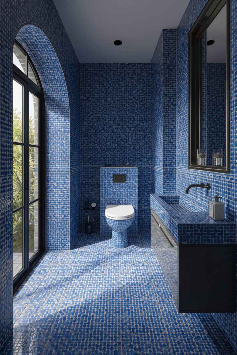 Blue mosaic tile bathroom with arched window, wall-hung toilet, black vanity, and floor-to-ceiling tile coverage