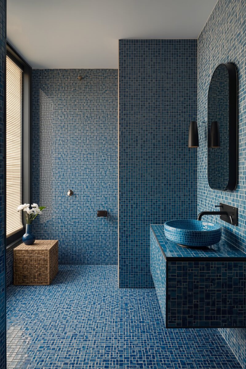 Modern bathroom with floor-to-ceiling blue mosaic tiles, vessel sink, black fixtures, and walk-in shower