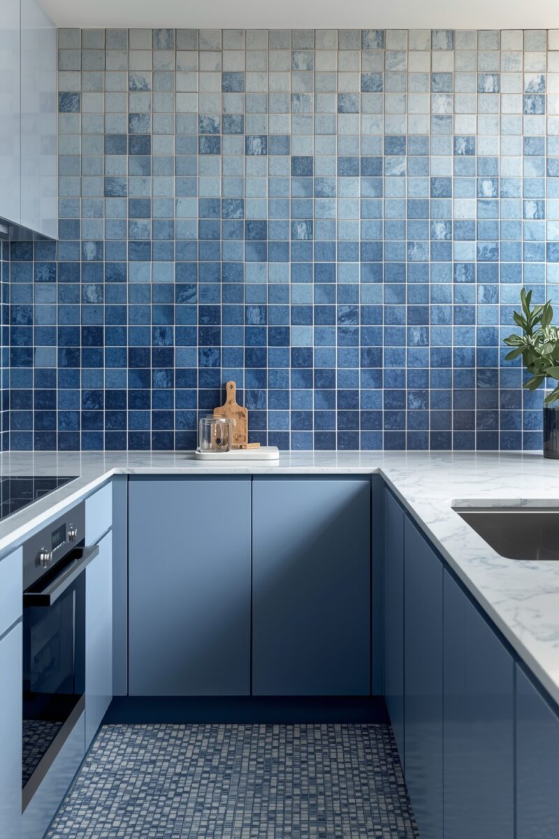 Modern blue kitchen with ombre tile backsplash, slate blue cabinets, marble countertops, and mosaic floor tiles