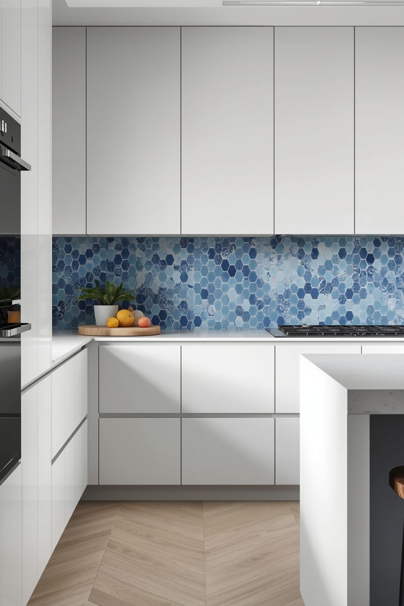 Modern white kitchen with blue hexagonal mosaic tile backsplash, handleless cabinets, and herringbone wood floor