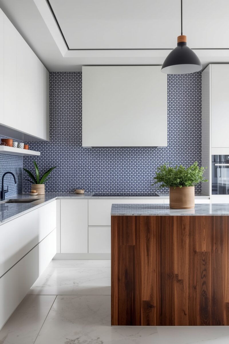 Modern kitchen with white cabinets, wood island, blue patterned tile backsplash, marble countertop, and black pendant light