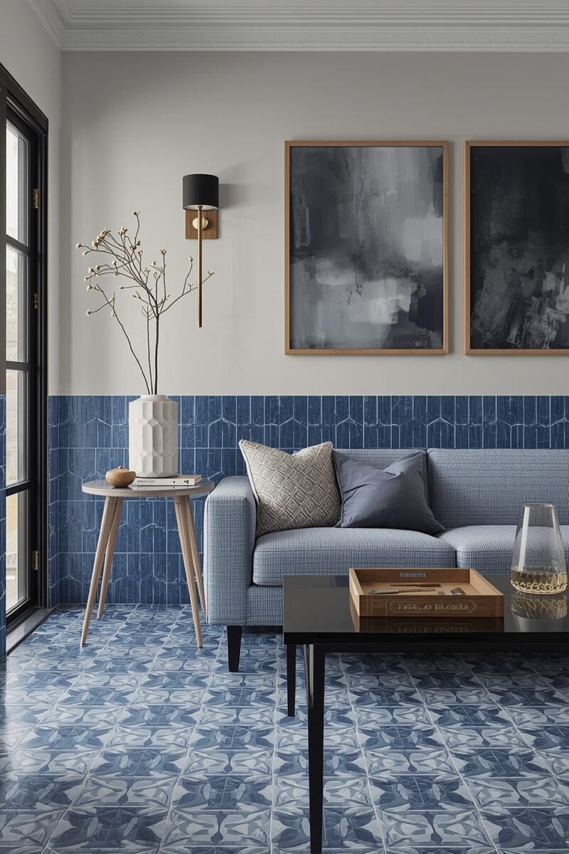 Modern living room with blue patterned tile floor, blue tile wainscoting, gray sofa, abstract wall art, and wooden accents