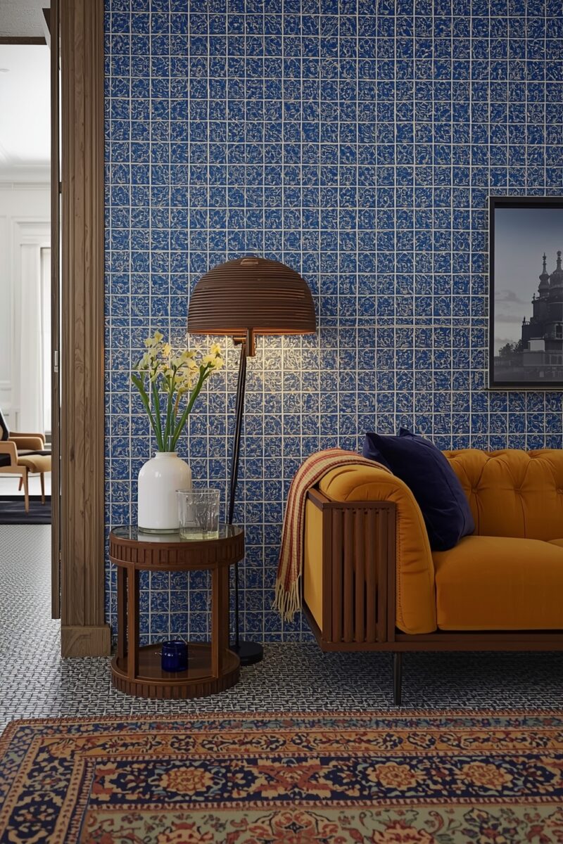 Mustard yellow tufted sofa against bold blue floral tile wallpaper with wooden side table and floor lamp