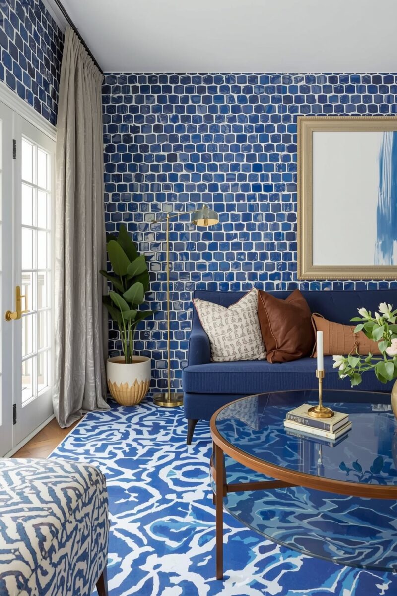 Bold blue and white living room with mosaic tile walls, navy sofa, patterned rug, and gold accents