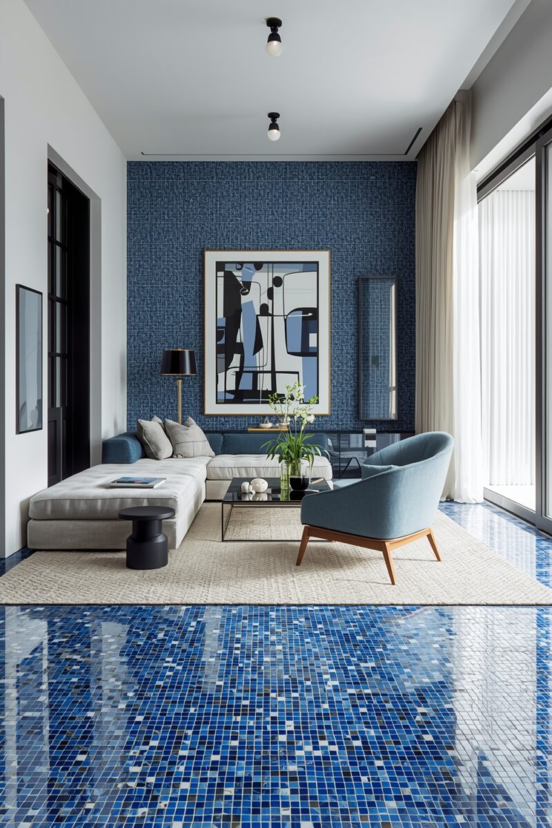 Modern living room with blue mosaic tile floor, navy textured accent wall, gray sectional sofa, and abstract artwork