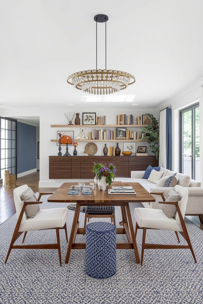Mid-century modern living room with walnut dining table, white armchairs, blue patterned rug, and gold chandelier