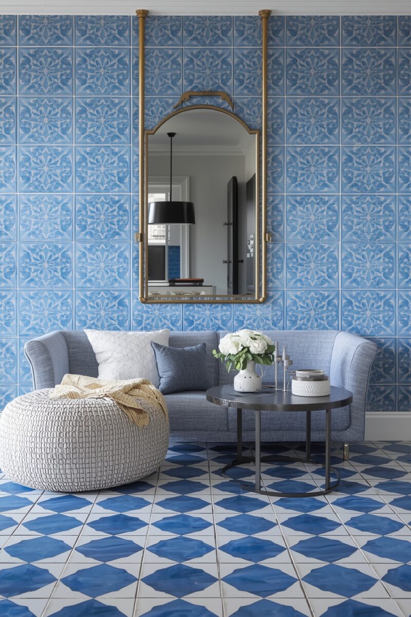 Blue floral patterned tile wall with gray sofa, gold hanging mirror, round coffee table, and woven pouf in living room