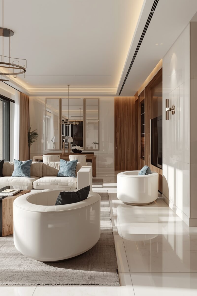 Luxury modern living room with white curved accent chairs, cream sofa with blue pillows, glossy marble floors, and warm wood accents