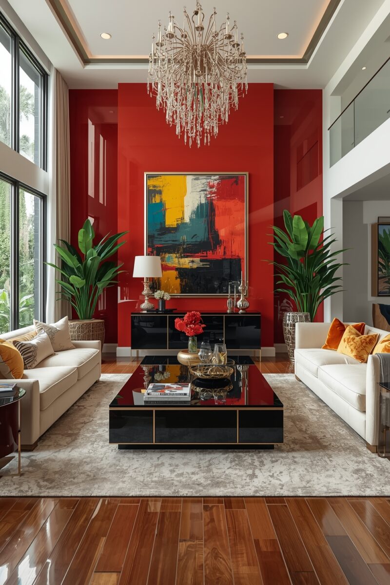 Luxury living room with red accent wall, crystal chandelier, white sofas, black coffee table, and colorful abstract art