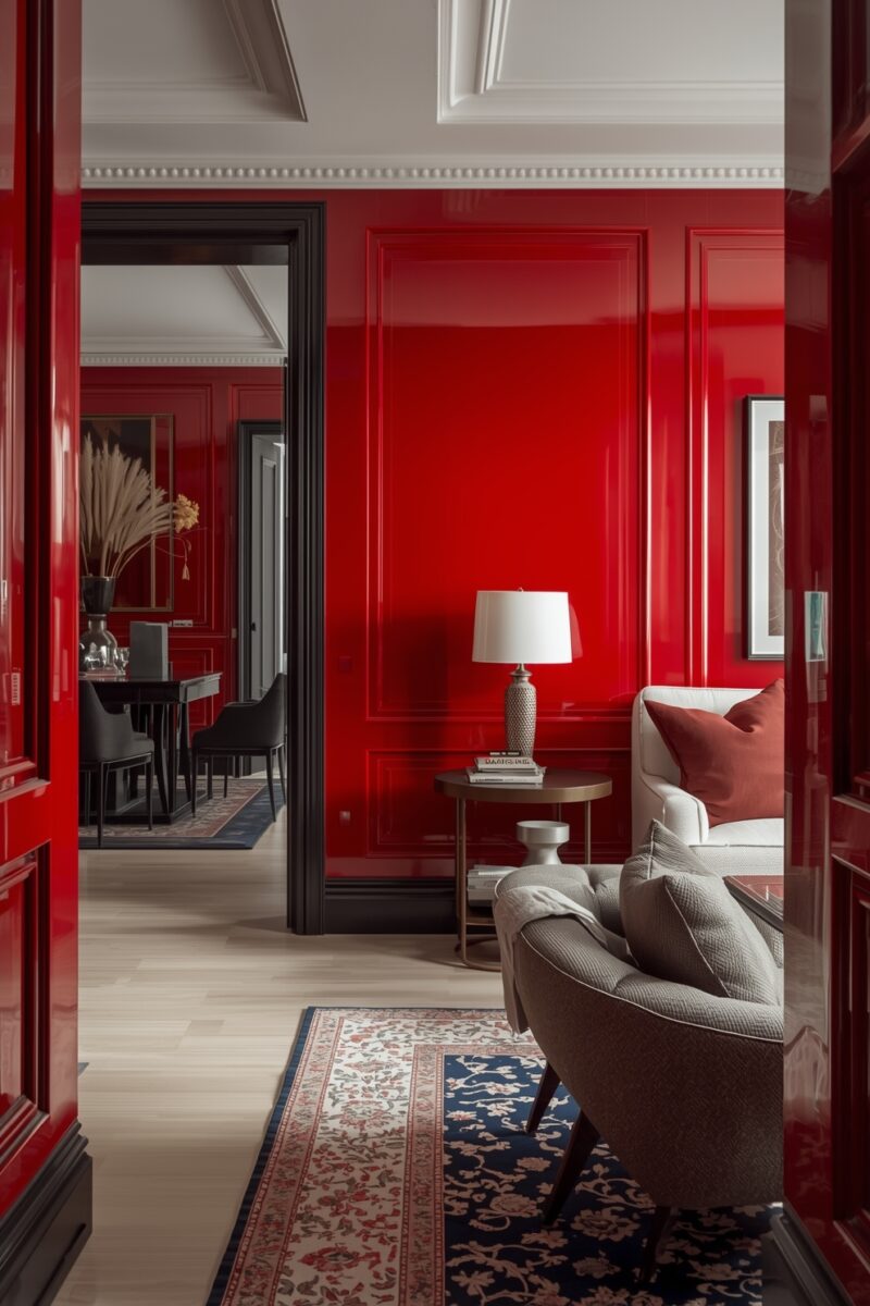 Luxurious living room with high-gloss red lacquered walls, white crown molding, neutral upholstered chairs, and oriental rug