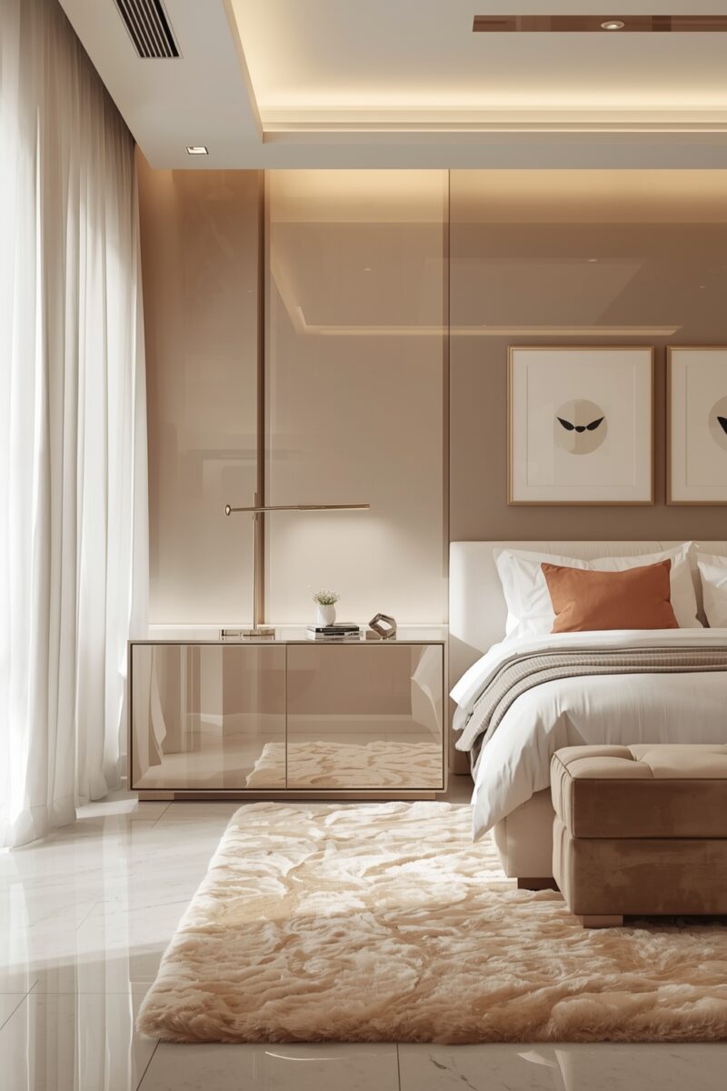 Luxury modern bedroom with beige tones, white bedding, orange accent pillow, fluffy rug, and mirrored sideboard