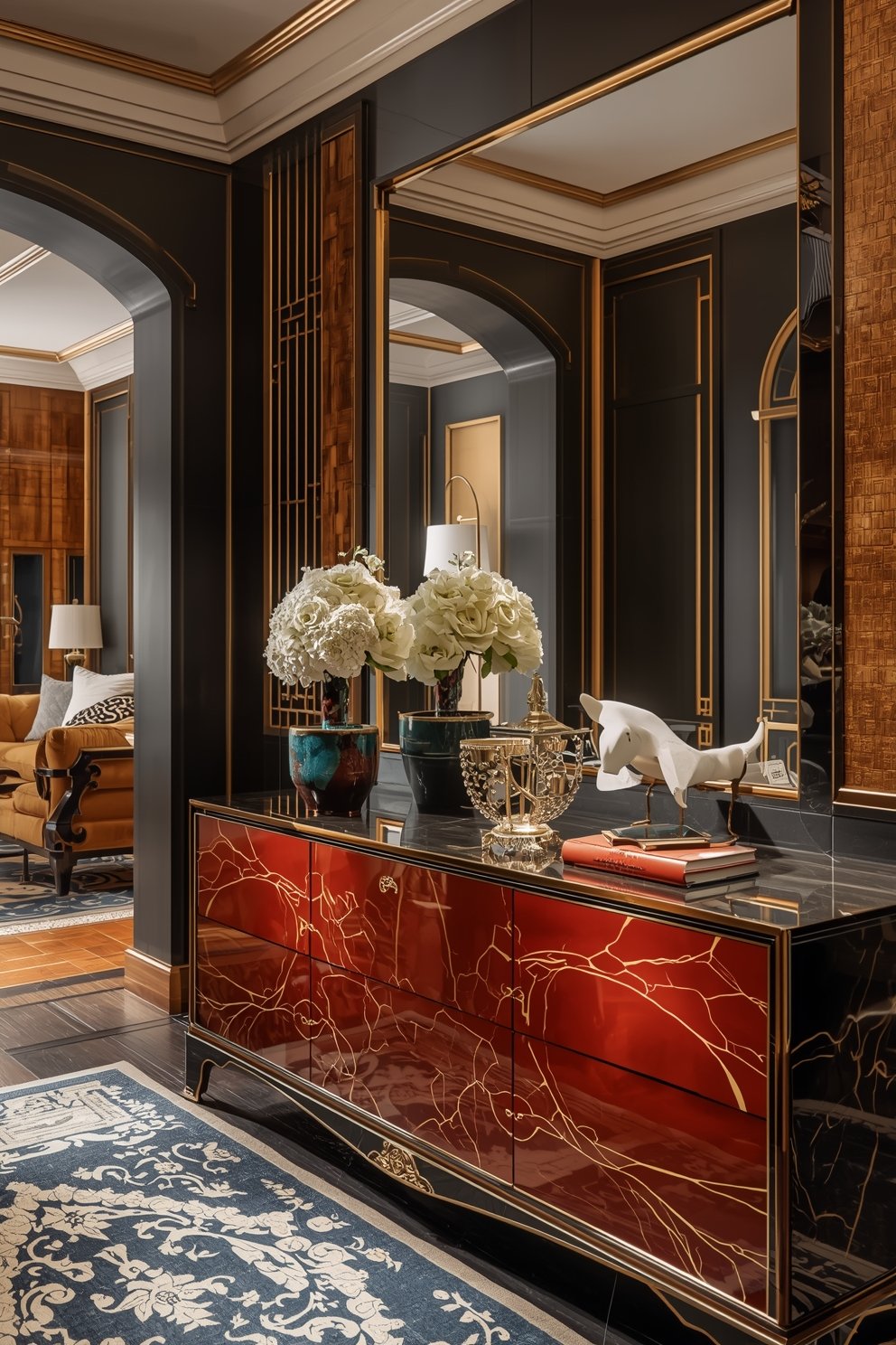 Luxury entryway with red lacquered console table, white floral arrangements, gold-framed mirror, and dark walls