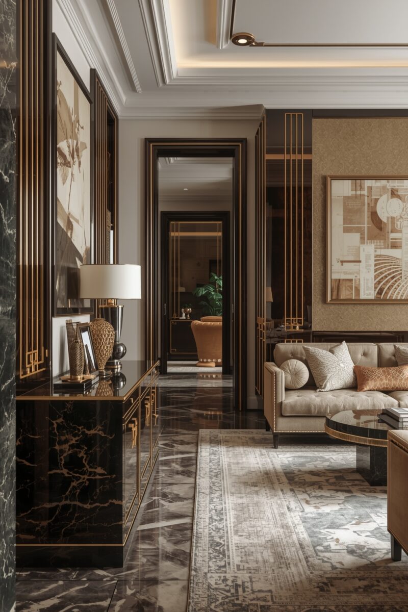 Luxury living room with black marble console, gold accents, tufted beige sofa, and marble floors