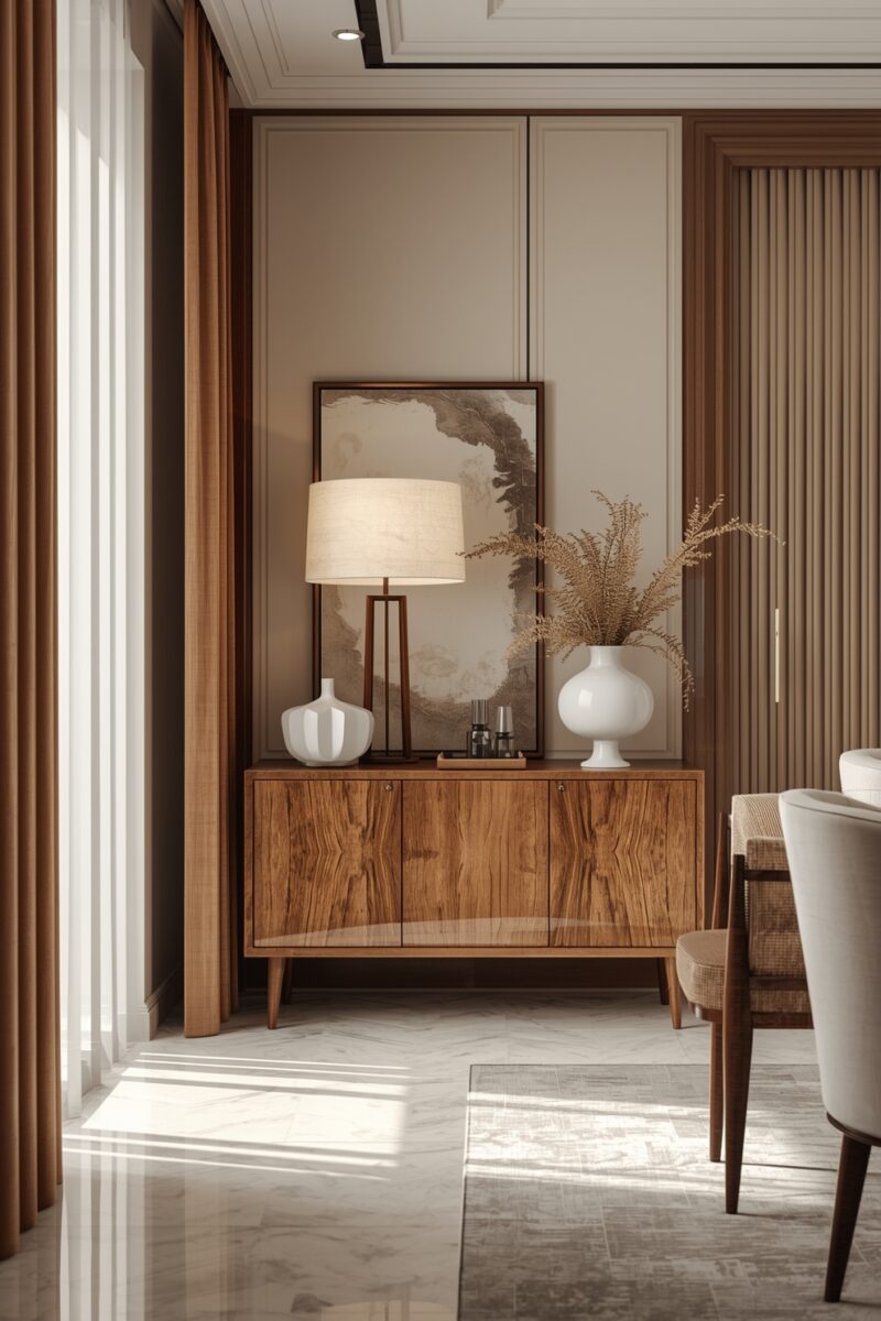 Elegant mid-century modern wooden sideboard with white ceramic vases, table lamp, dried botanicals, and abstract artwork in neutral-toned room