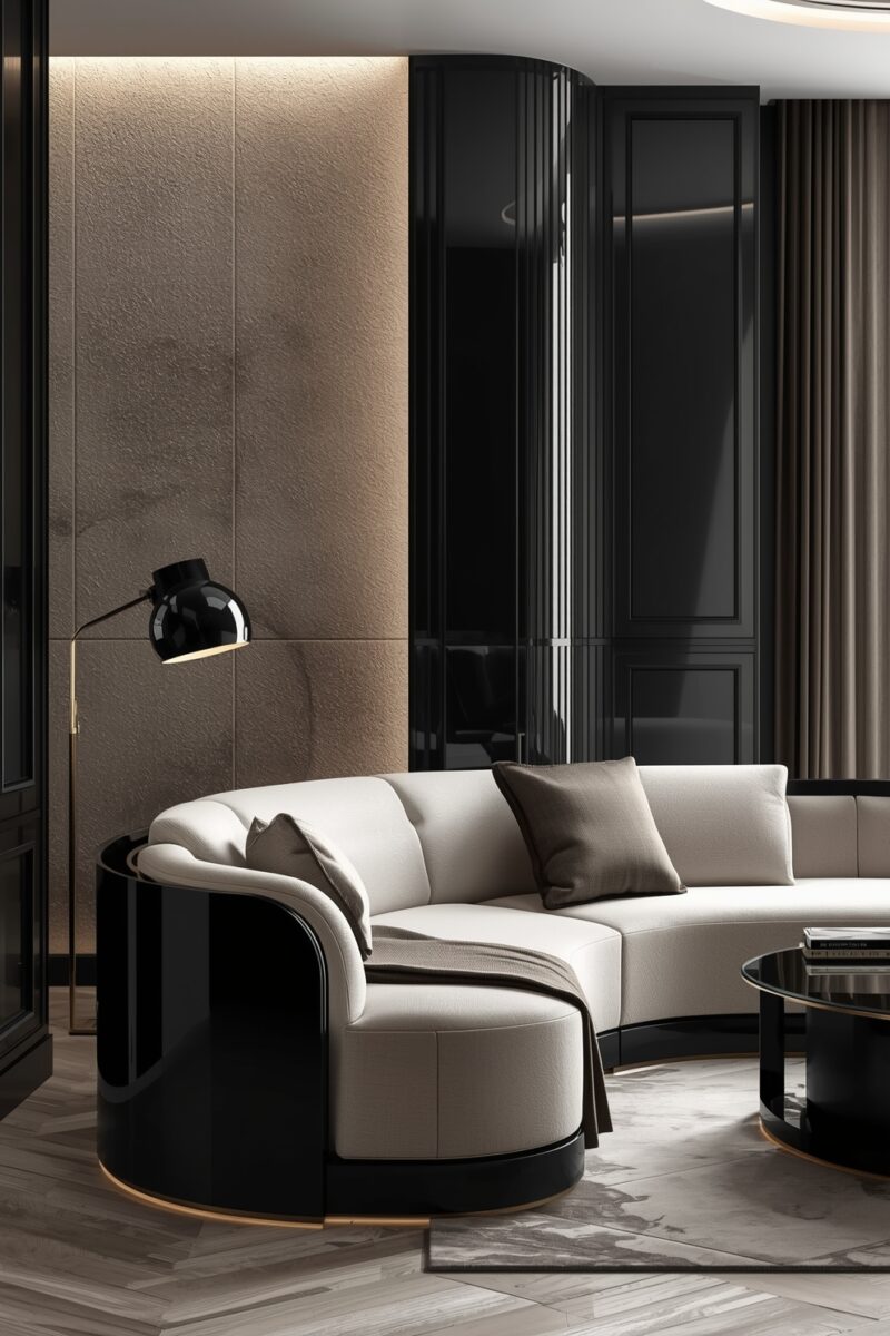 Luxury modern living room with curved cream sectional sofa, black gloss base, floor lamp, and dark paneled walls