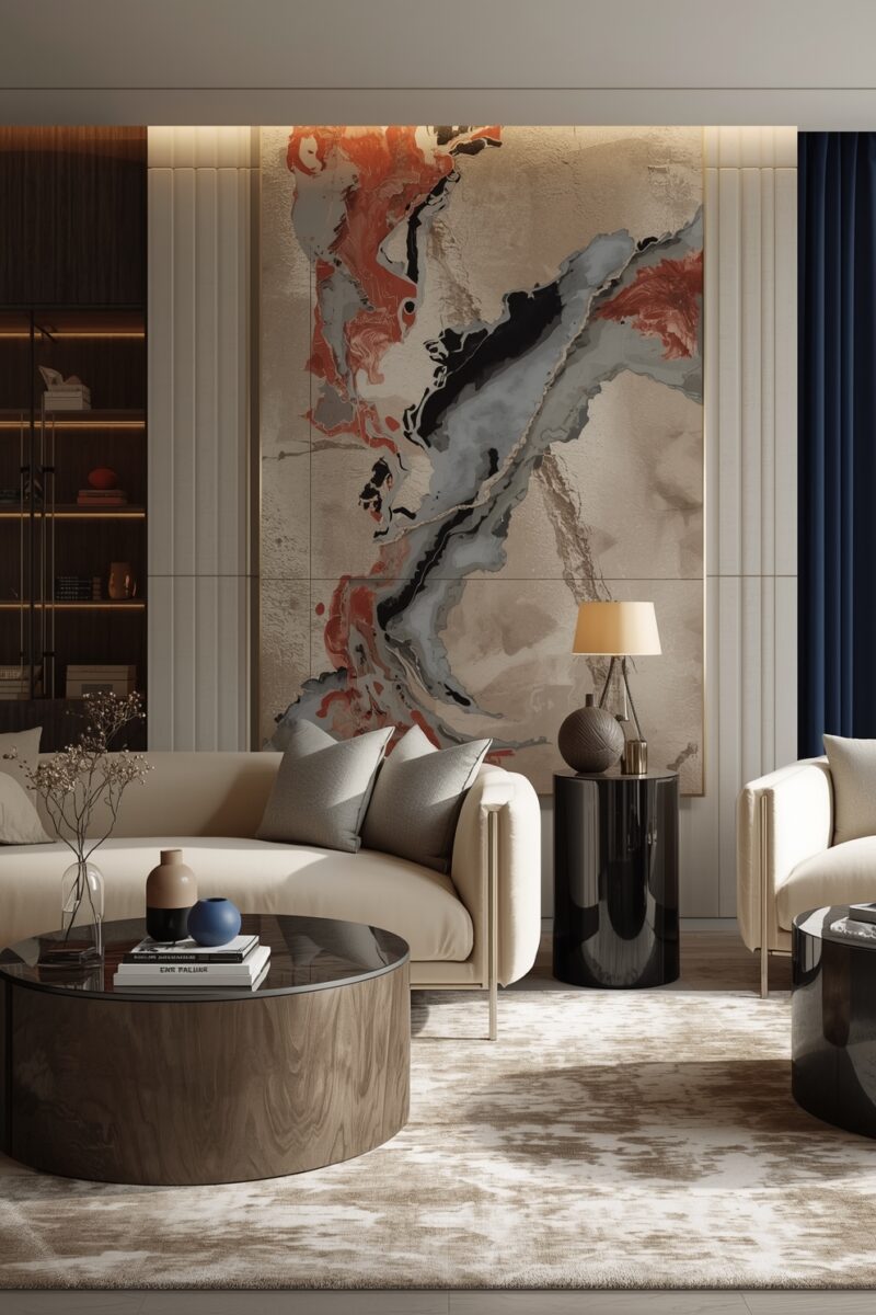 Luxury modern living room with cream sofa, round wood coffee table, and large abstract marble wall art