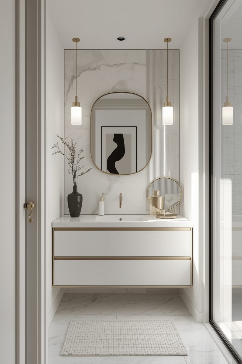 Modern luxury bathroom vanity with white floating cabinet, gold accents, round mirror, and pendant lights