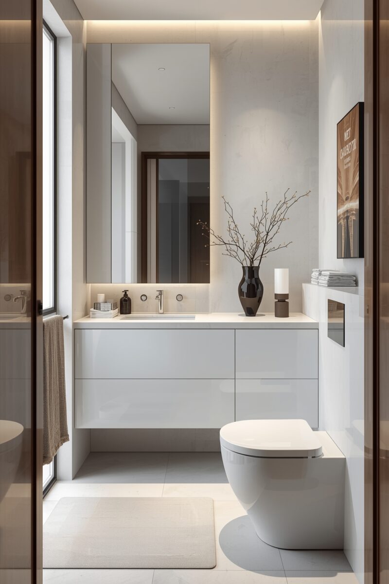 Modern minimalist white bathroom with floating vanity, large mirror, decorative vase, and wall-mounted toilet