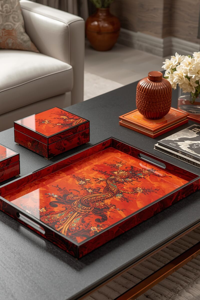Red lacquerware tray with phoenix motif, decorative boxes, and red woven vase on dark coffee table