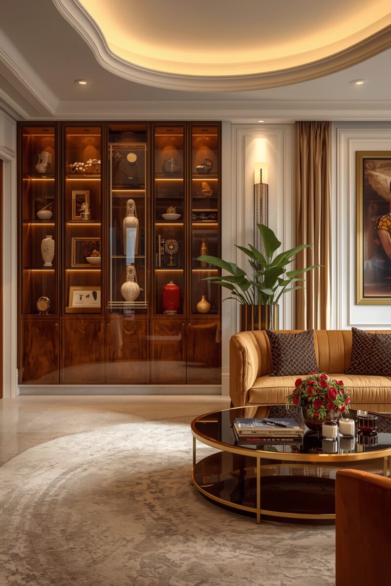 Luxury living room with walnut display cabinets, gold-framed glass coffee table, caramel velvet sofa, and tray ceiling