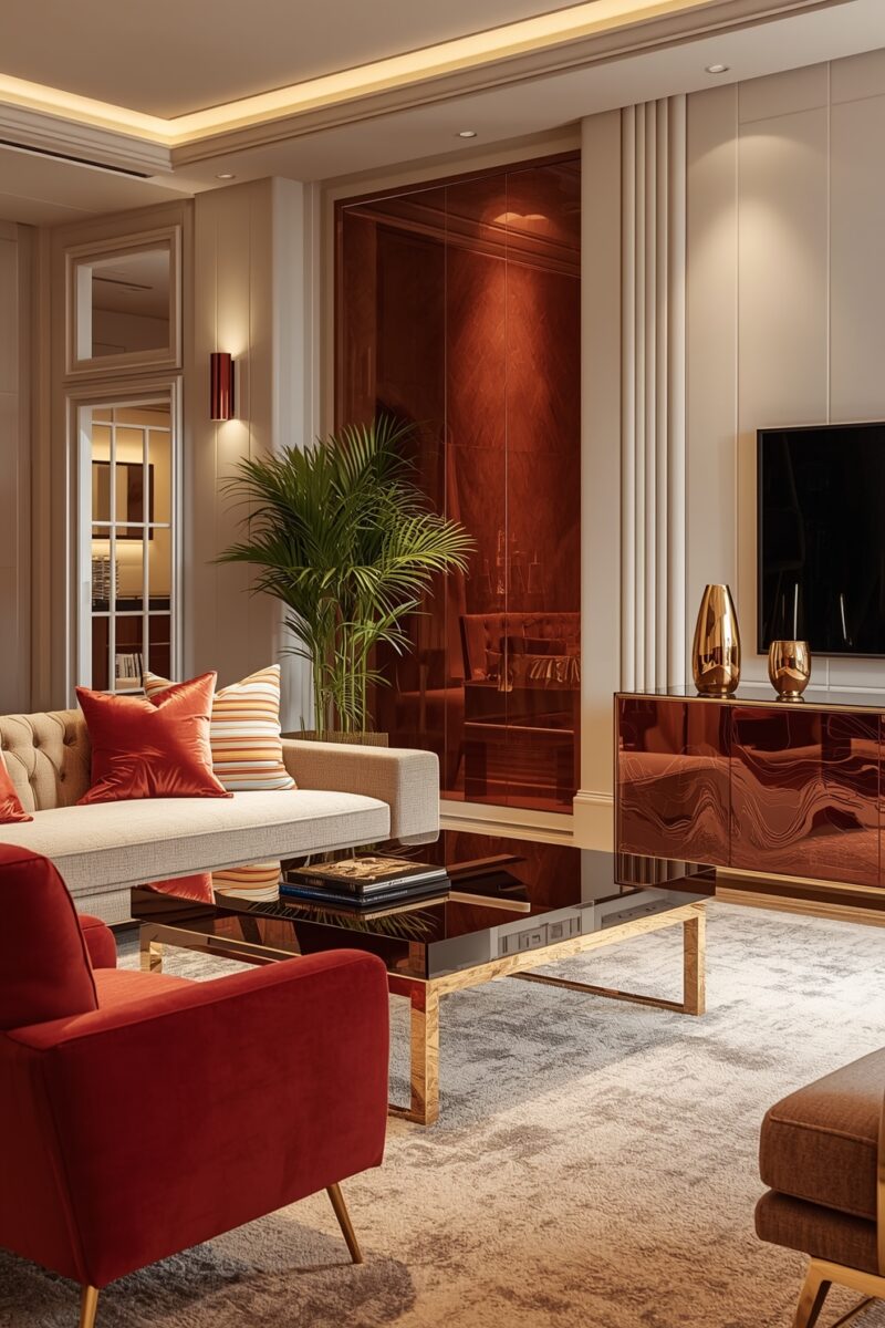 Luxury living room with red velvet chairs, cream tufted sofa, gold coffee table, and amber glass cabinet with TV