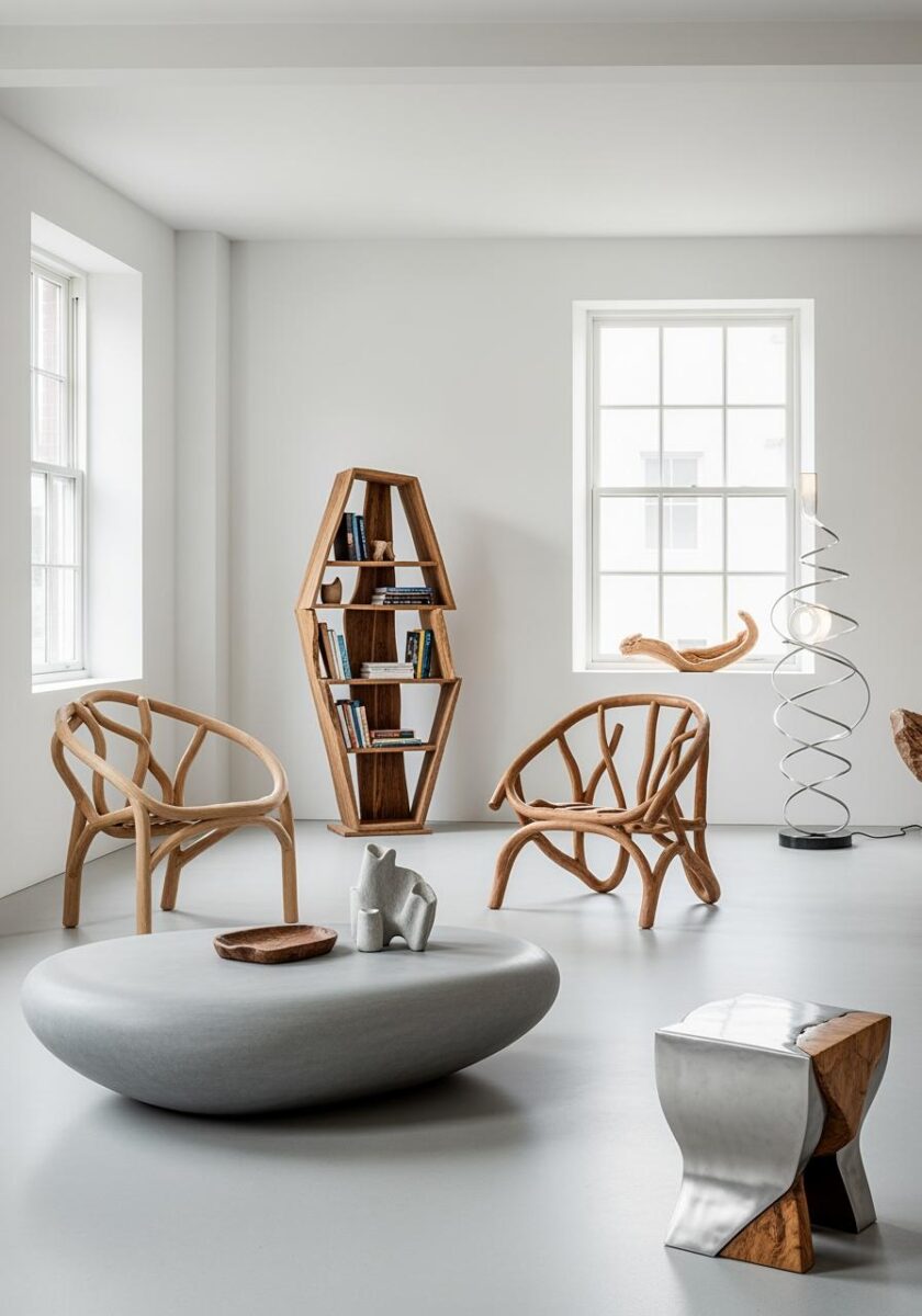 Minimalist room with organic wooden chairs, diamond-shaped bookshelf, stone coffee table, and sculptural metal lamp