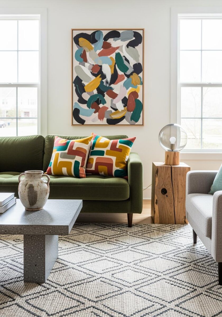 Modern living room with green velvet sofa, colorful abstract wall art, geometric pillows, and wood stump side table